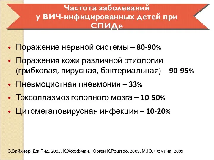 Поражение нервной системы – 80-90% Поражения кожи различной этиологии (грибковая, вирусная, бактериальная)