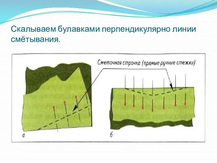 Скалываем булавками перпендикулярно линии смётывания.