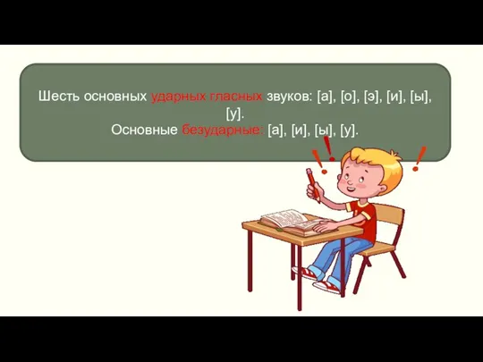 Шесть основных ударных гласных звуков: [а], [о], [э], [и], [ы], [у]. Основные