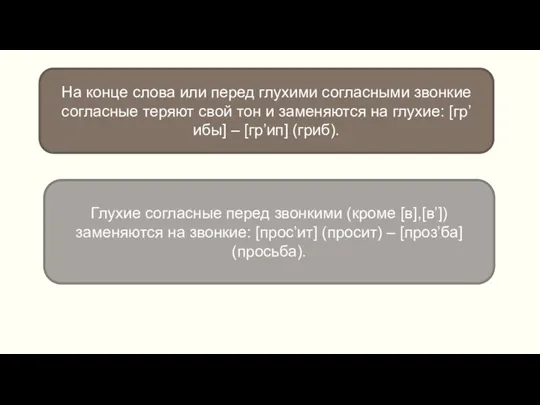 На конце слова или перед глухими согласными звонкие согласные теряют свой тон