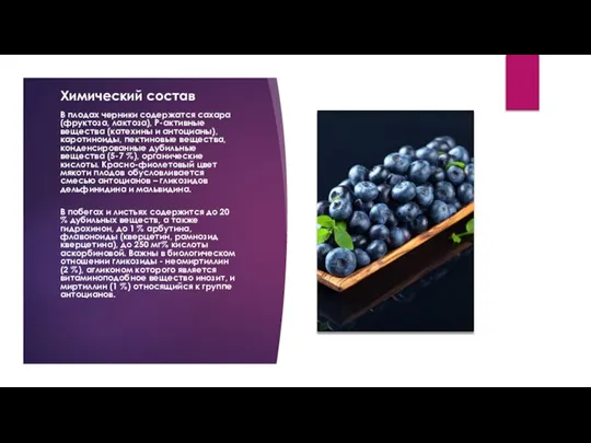 Химический состав В плодах черники содержатся сахара (фруктоза, лактоза), Р-активные вещества (катехины