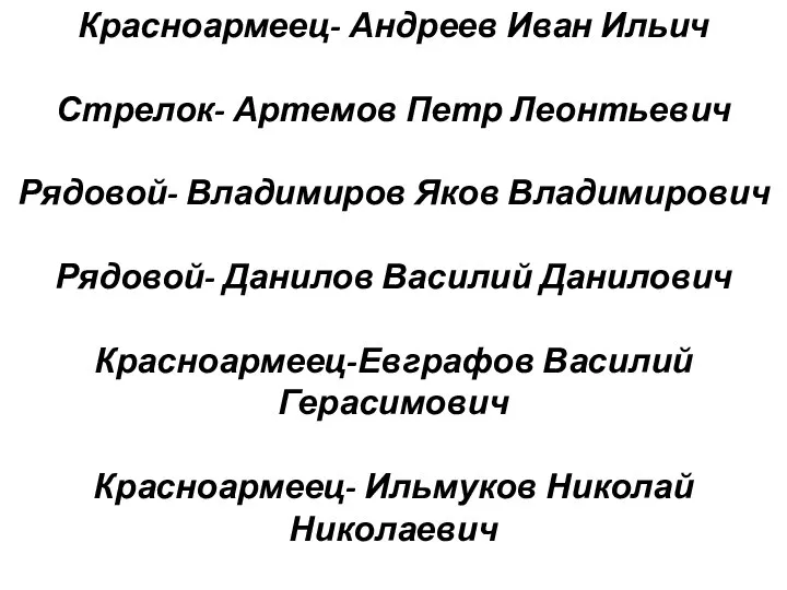 Красноармеец- Андреев Иван Ильич Стрелок- Артемов Петр Леонтьевич Рядовой- Владимиров Яков Владимирович