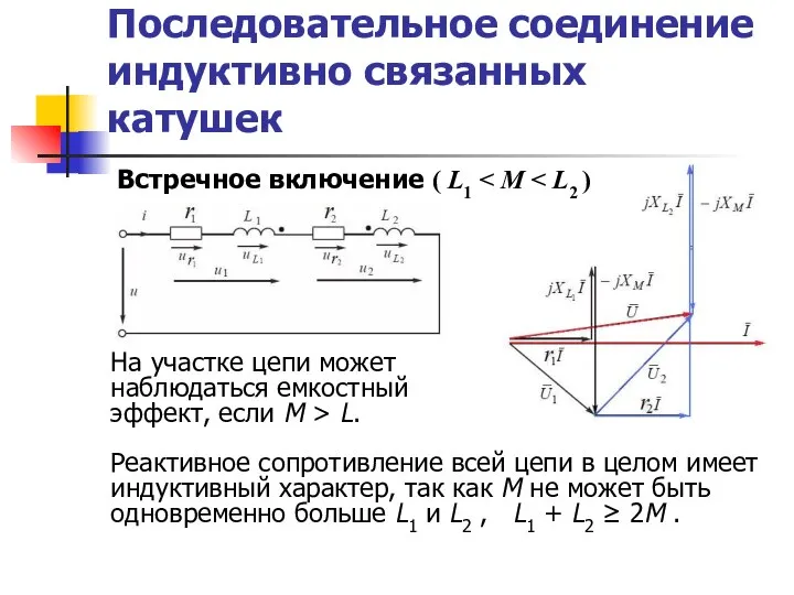 Последовательное соединение индуктивно связанных катушек Встречное включение ( L1 На участке цепи