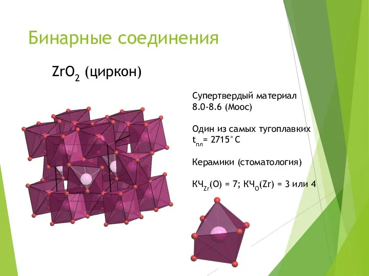 Бинарные соединения ZrO2 (циркон) Супертвердый материал 8.0-8.6 (Моос) Один из самых тугоплавких