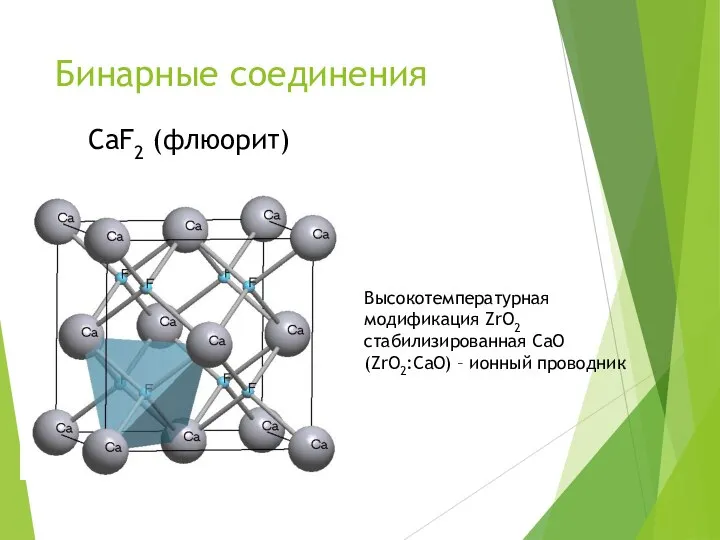 Бинарные соединения CaF2 (флюорит) Высокотемпературная модификация ZrO2 стабилизированная CaO (ZrO2:CaO) – ионный проводник