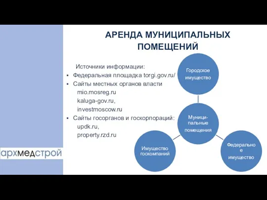 АРЕНДА МУНИЦИПАЛЬНЫХ ПОМЕЩЕНИЙ Источники информации: Федеральная площадка torgi.gov.ru/ Сайты местных органов власти