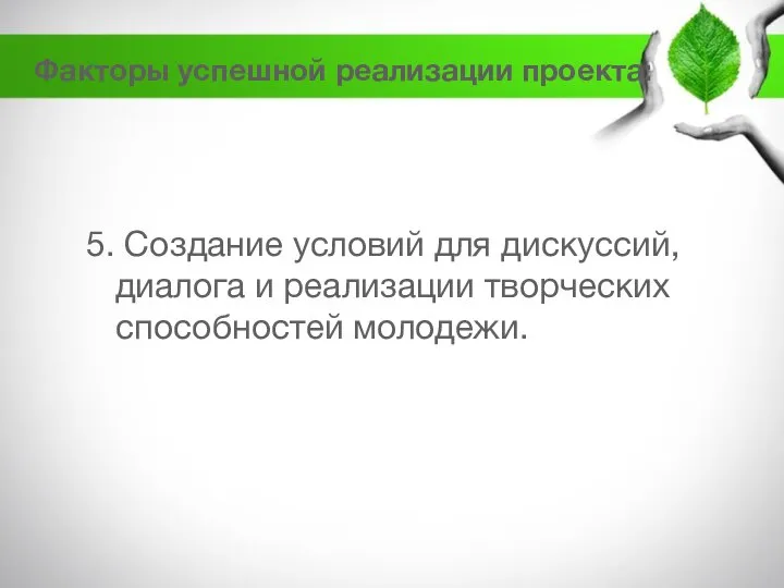 5. Создание условий для дискуссий, диалога и реализации творческих способностей молодежи. Факторы успешной реализации проекта: