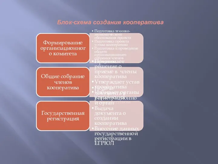 Блок-схема создания кооператива Формирование организационного комитета Подготовка технико-экономического обоснования проекта Подготовка проекта