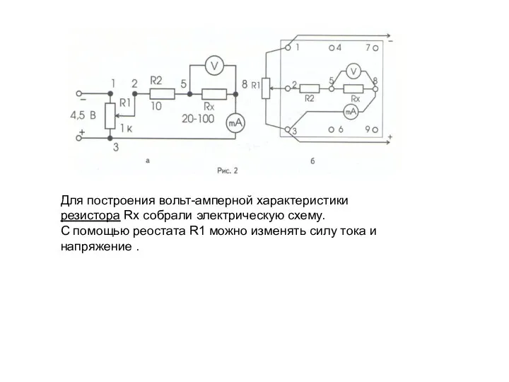 Для построения вольт-амперной характеристики резистора Rx собрали электрическую схему. С помощью реостата