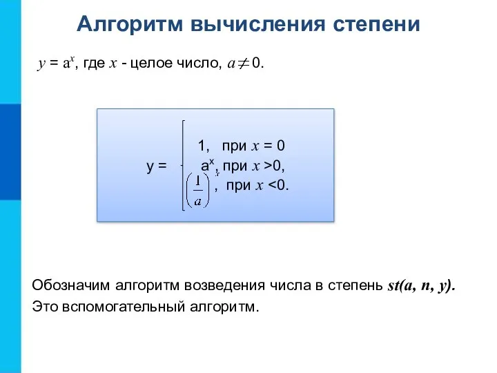 Алгоритм вычисления степени y = ax, где x - целое число, a