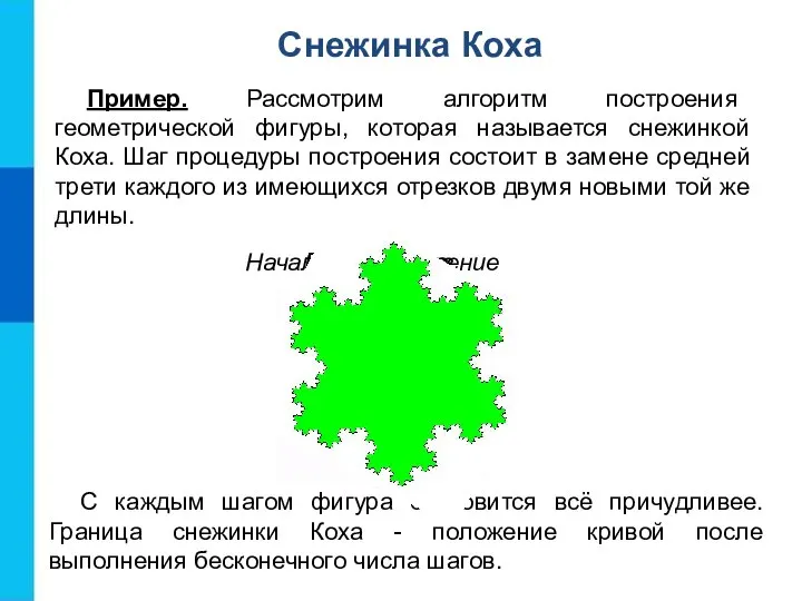 Снежинка Коха Пример. Рассмотрим алгоритм построения геометрической фигуры, которая называется снежинкой Коха.