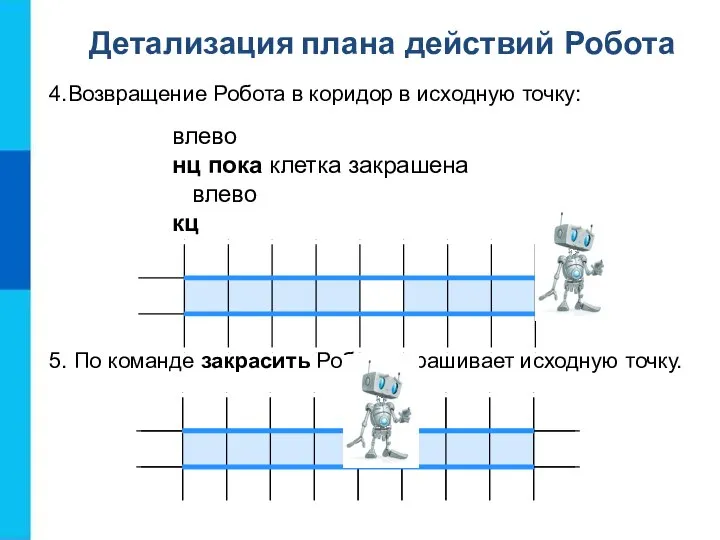 4.Возвращение Робота в коридор в исходную точку: влево нц пока клетка закрашена