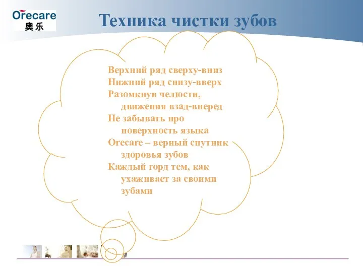 Техника чистки зубов Верхний ряд сверху-вниз Нижний ряд снизу-вверх Разомкнув челюсти, движения