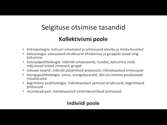 Selgituse otsimise tasandid Kollektivismi poole Antropoloogia: kultuuri omadused ja erinevused oleviku ja