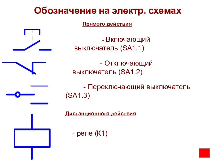 Обозначение на электр. схемах - Включающий выключатель (SА1.1) - Отключающий выключатель (SА1.2)