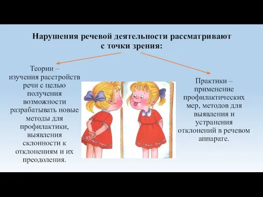 Нарушения речевой деятельности рассматривают с точки зрения: Теории – изучения расстройств речи