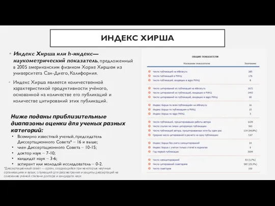 ИНДЕКС ХИРША Индекс Хирша или h-индекс— наукометрический показатель, предложенный в 2005 американским