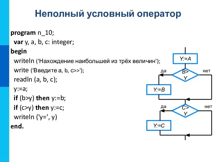 Неполный условный оператор program n_10; var y, a, b, c: integer; begin