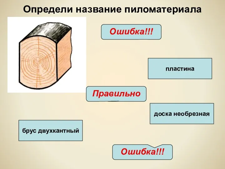 пластина брус двухкантный доска необрезная Правильно Ошибка!!! Ошибка!!! Определи название пиломатериала