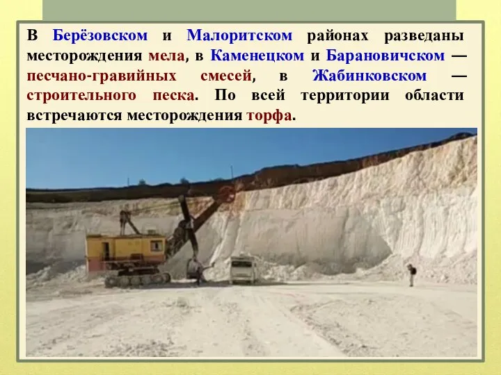 В Берёзовском и Малоритском районах разведаны месторождения мела, в Каменецком и Барановичском