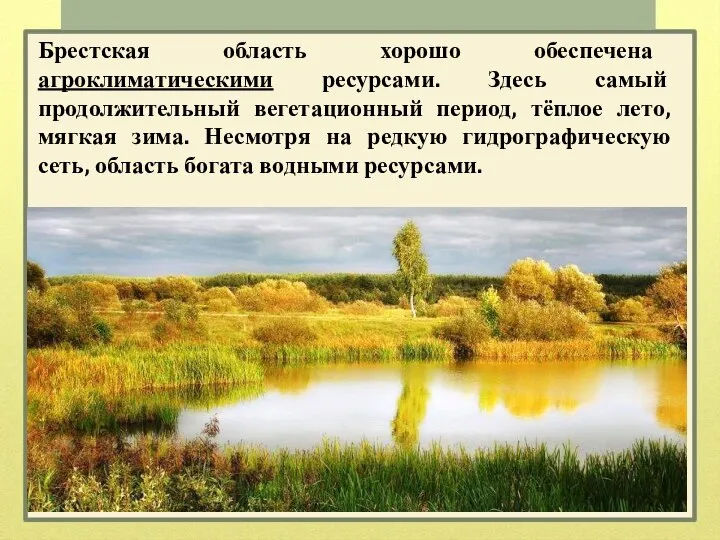 Брестская область хорошо обеспечена агроклиматическими ресурсами. Здесь самый продолжительный вегетационный период, тёплое