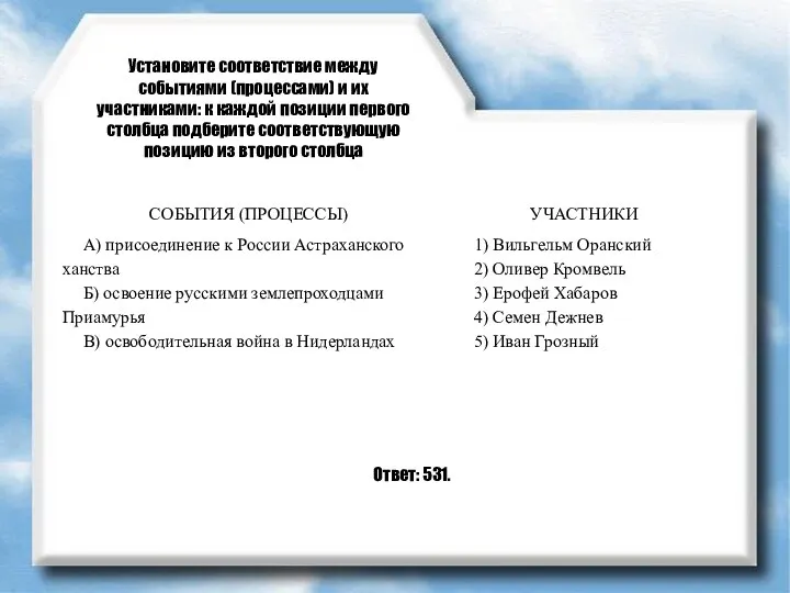 Установите соответствие между событиями (процессами) и их участниками: к каждой позиции первого