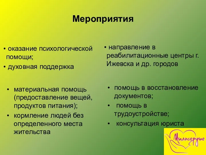 Мероприятия оказание психологической помощи; духовная поддержка материальная помощь (предоставление вещей, продуктов питания);