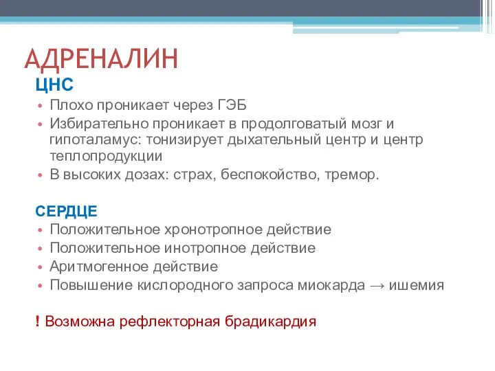 АДРЕНАЛИН ЦНС Плохо проникает через ГЭБ Избирательно проникает в продолговатый мозг и