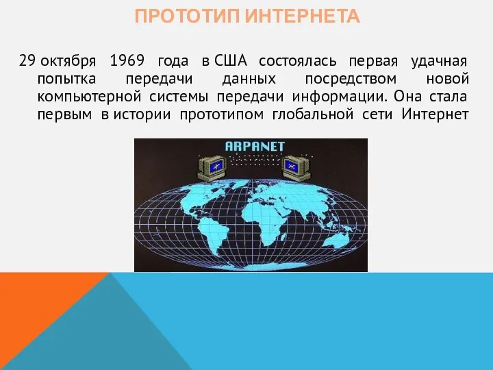 ПРОТОТИП ИНТЕРНЕТА 29 октября 1969 года в США состоялась первая удачная попытка