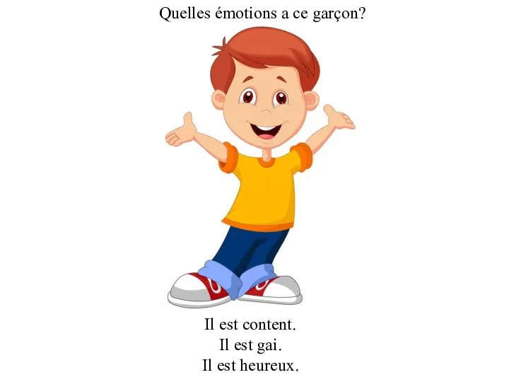 Quelles émotions a ce garçon? Il est content. Il est gai. Il est heureux.