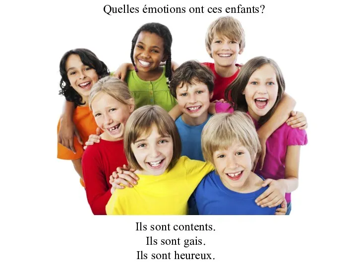 Ils sont contents. Ils sont gais. Ils sont heureux. Quelles émotions ont ces enfants?