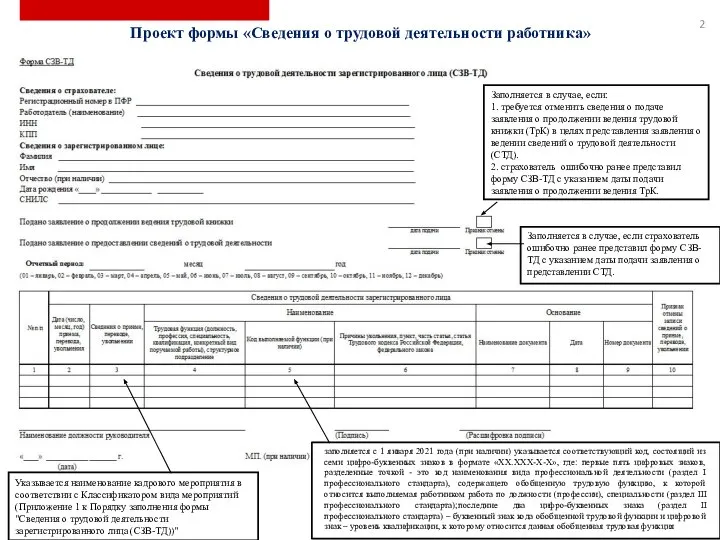 Проект формы «Сведения о трудовой деятельности работника» Заполняется в случае, если: 1.