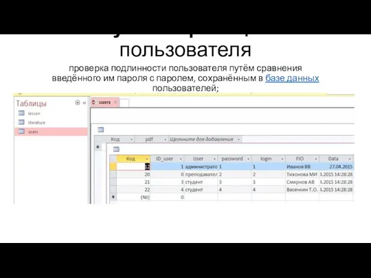 Аутентифика́ция пользователя проверка подлинности пользователя путём сравнения введённого им пароля с паролем,