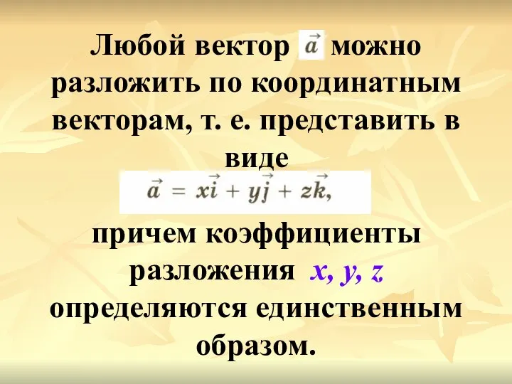 Любой вектор можно разложить по координатным векторам, т. е. представить в виде