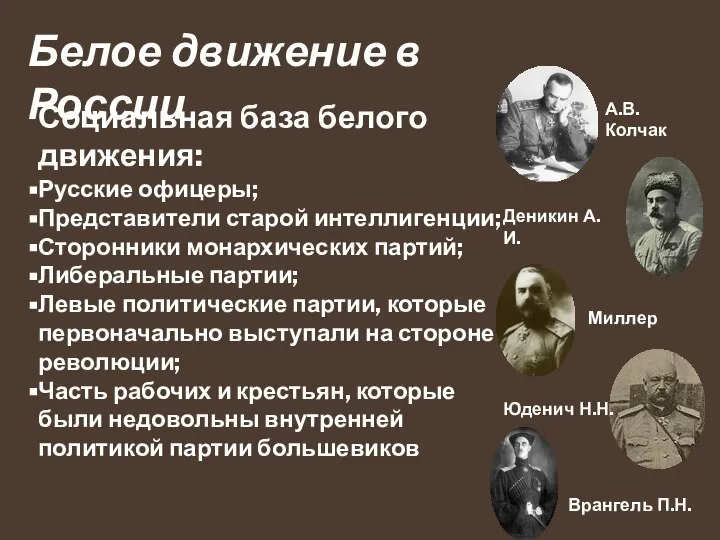 Белое движение в России Социальная база белого движения: Русские офицеры; Представители старой