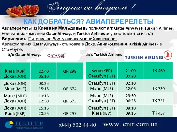 КАК ДОБРАТЬСЯ? АВИАПЕРЕРЕЛЕТЫ Авиаперелеты из Киева на Мальдивы выполняют а/к Qatar Airways