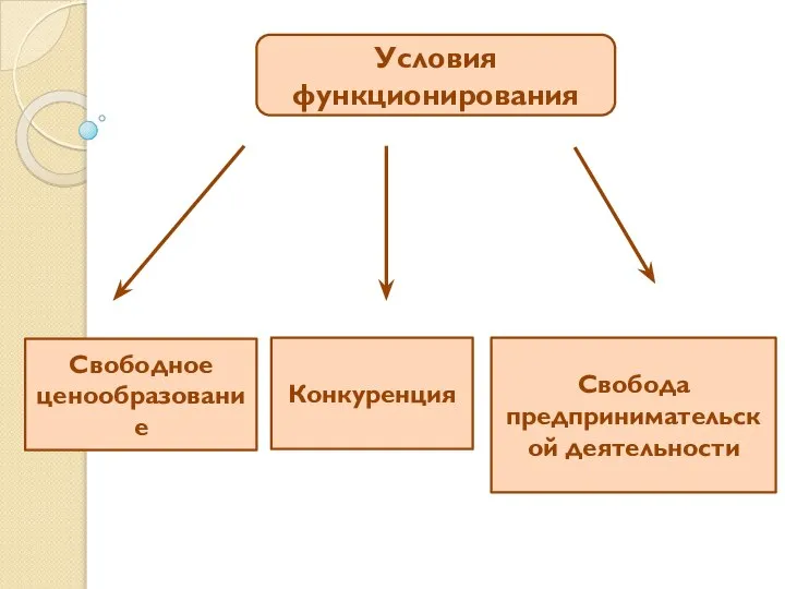 Условия функционирования Свободное ценообразование Конкуренция Свобода предпринимательской деятельности