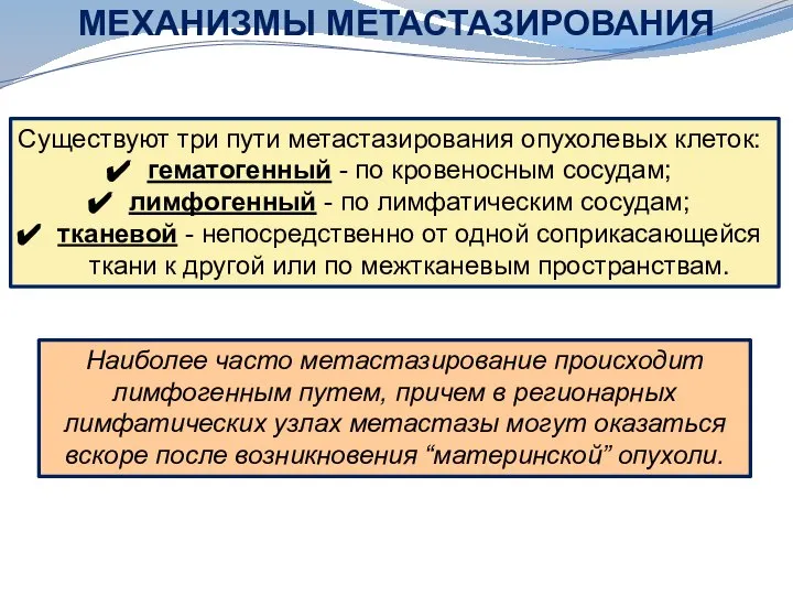 МЕХАНИЗМЫ МЕТАСТАЗИРОВАНИЯ Существуют три пути метастазирования опухолевых клеток: гематогенный - по кровеносным