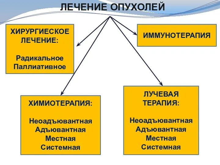 ЛЕЧЕНИЕ ОПУХОЛЕЙ ХИРУРГИЕСКОЕ ЛЕЧЕНИЕ: Радикальное Паллиативное ХИМИОТЕРАПИЯ: Неоадъювантная Адъювантная Местная Системная ИММУНОТЕРАПИЯ