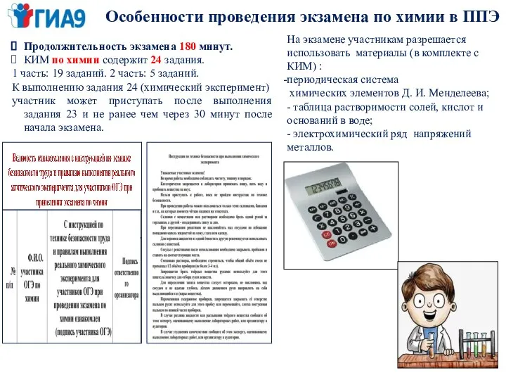 Особенности проведения экзамена по химии в ППЭ Продолжительность экзамена 180 минут. КИМ