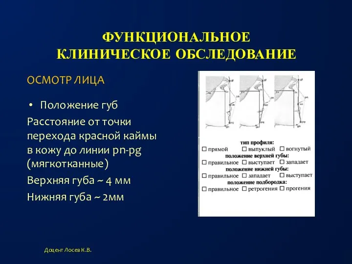 ФУНКЦИОНАЛЬНОЕ КЛИНИЧЕСКОЕ ОБСЛЕДОВАНИЕ Положение губ Расстояние от точки перехода красной каймы в