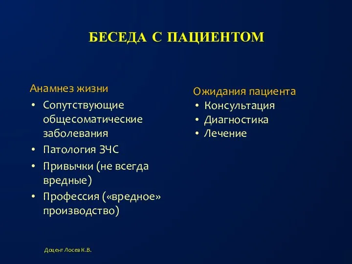 БЕСЕДА С ПАЦИЕНТОМ Анамнез жизни Сопутствующие общесоматические заболевания Патология ЗЧС Привычки (не