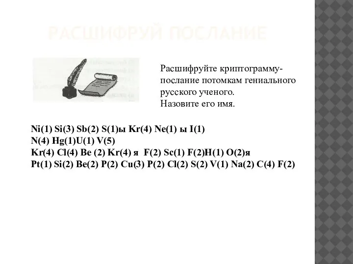 РАСШИФРУЙ ПОСЛАНИЕ Расшифруйте криптограмму- послание потомкам гениального русского ученого. Назовите его имя.