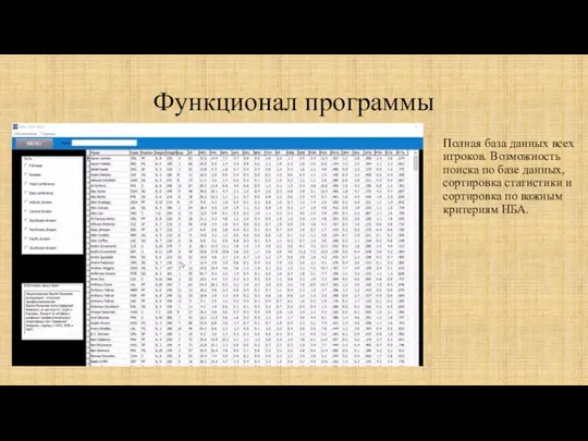 Функционал программы Полная база данных всех игроков. Возможность поиска по базе данных,