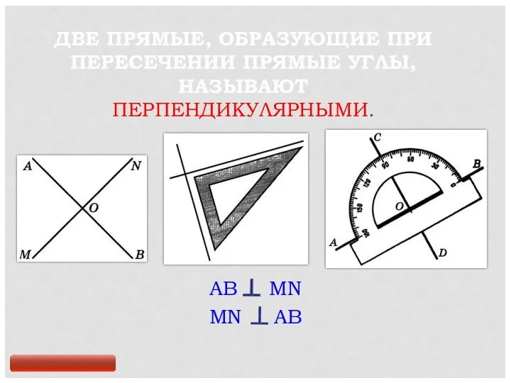 ДВЕ ПРЯМЫЕ, ОБРАЗУЮЩИЕ ПРИ ПЕРЕСЕЧЕНИИ ПРЯМЫЕ УГЛЫ, НАЗЫВАЮТ ПЕРПЕНДИКУЛЯРНЫМИ. AB MN MN AB