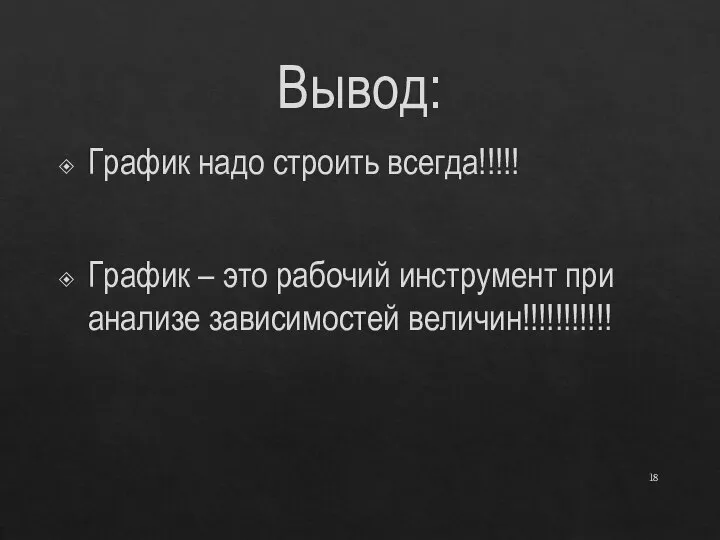 Вывод: График надо строить всегда!!!!! График – это рабочий инструмент при анализе зависимостей величин!!!!!!!!!!!