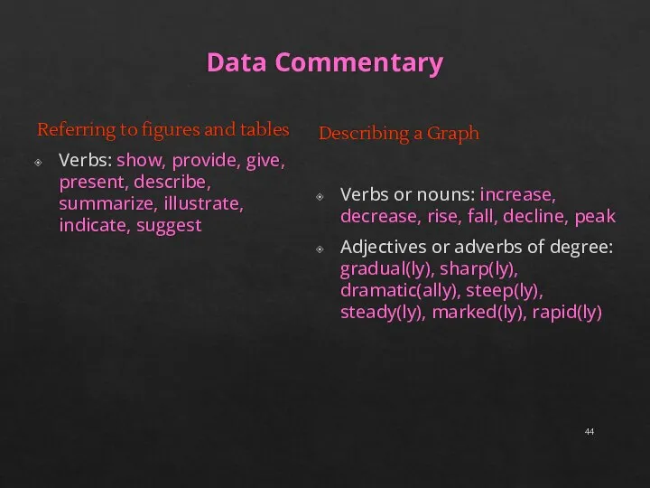 Data Commentary Referring to figures and tables Verbs: show, provide, give, present,