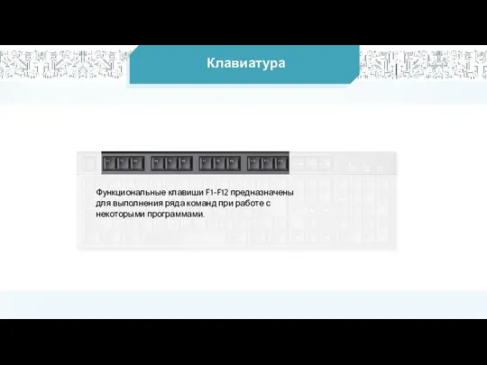 Клавиатура Функциональные клавиши F1-F12 предназначены для выполнения ряда команд при работе с некоторыми программами.