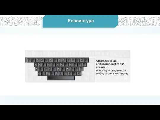 Клавиатура Символьные или алфавитно-цифровые клавиши используются для ввода информации в компьютер.