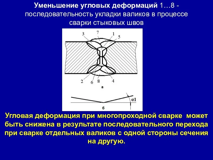 Уменьшение угловых деформаций 1…8 - последовательность укладки валиков в процессе сварки стыковых